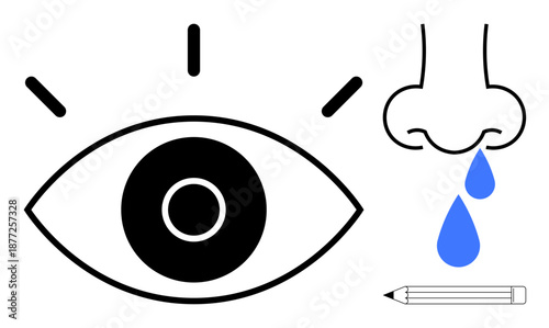 Vision, olfactory system, emotional expression, creative process, human senses, communication. Minimalist design with an eye, nose dripping tears and a pencil. Vision and emotional expression