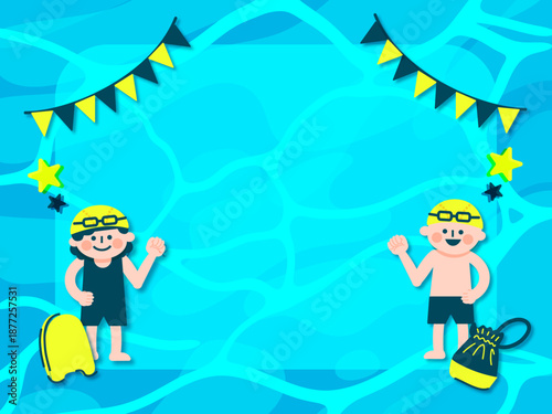 水泳教室のフレームイラスト プール水面と水着の子供たち（ガッツポーズ） （Swimming school frame with kids in swimwear）