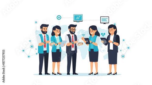 Diverse business team collaborating with technology and global network connections