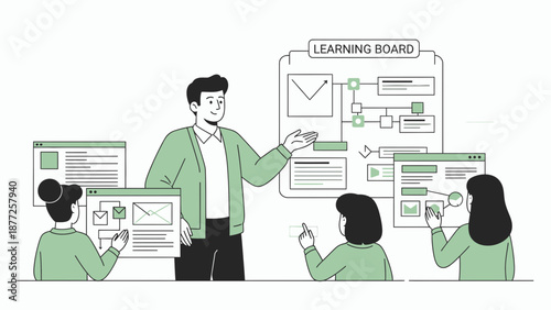 Business meeting with presentation on learning board and digital screens