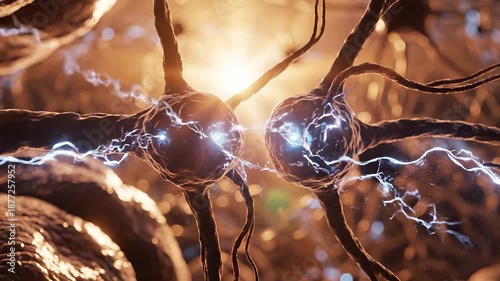 Two neurons connect, illustrating a transmission of energy as electric signals flow between them. The neural network glows with light, depicting the dynamic activity of the neurons.