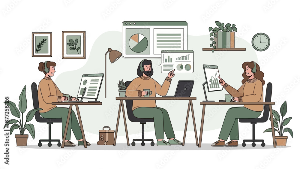 Fototapeta premium People working in a modern office, collaborating on projects with data analytics.
