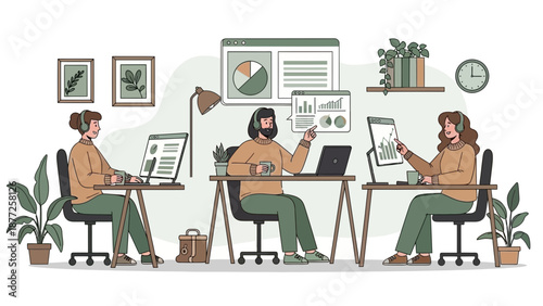 People working in a modern office, collaborating on projects with data analytics.