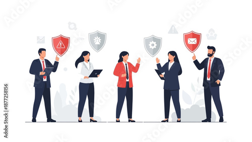 Business Team Protecting Data with Security Shields and Icons