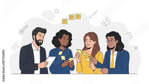 Diverse team brainstorming ideas with sticky notes, business meeting, collaboration