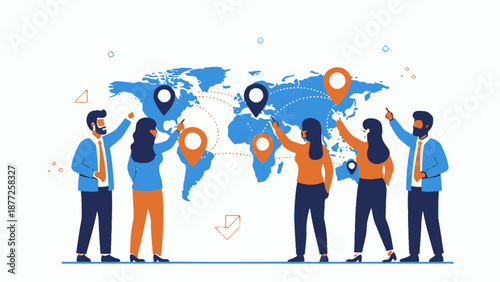 Global Teamwork: People Planning Worldwide Connections on World Map