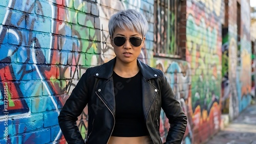 Wallpaper Mural Confident woman with short grey hair and sunglasses standing in front of a vibrant graffiti wall in an urban alley. Torontodigital.ca