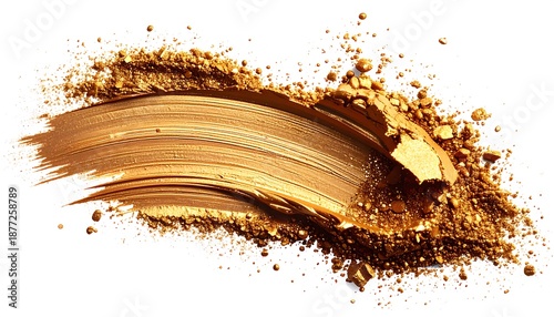 A close-up shot of a golden-colored makeup swatch, smeared across a white background with a powdery texture around it