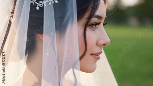 Elegant Bride Smiling in Wedding Dress, Timeless Love Concept