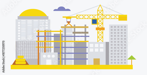 Modern cityscape with construction site and crane