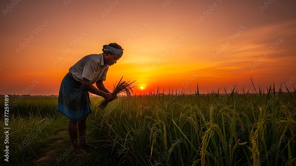 Fototapeta premium A woman works in a lush green field during a vibrant sunset