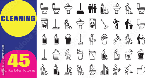 Complete Cleaning and Sanitation Icon Set of 45 Detailed Line Graphics Including Household Tasks Laundry and Bathroom Maintenance