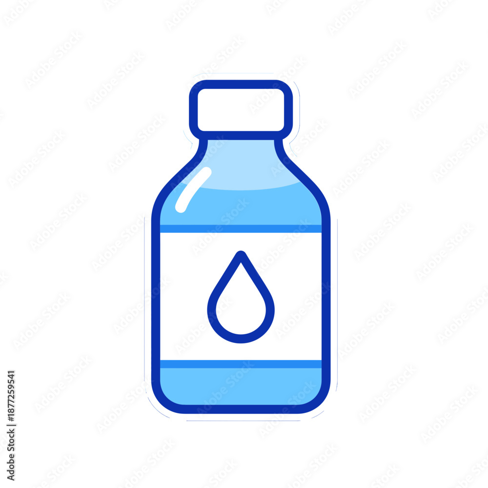 Fototapeta premium Flat blue bottle icon with a water drop label.