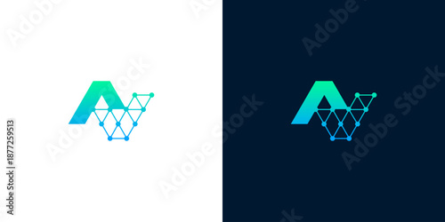 Abstract letter A and N logo design, modern technology network connection concept, blue and green gradient on white and dark background