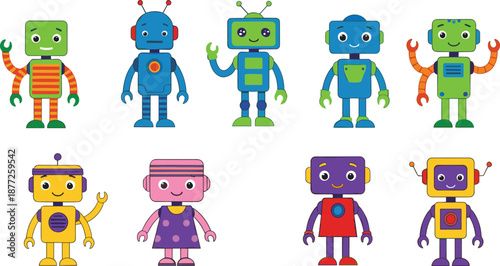 Cute colorful robot characters clipart, kids robots illustrations, cartoon robot graphics for stickers, birthday, classroom decor