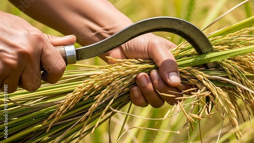 A person harvesting rice with a sickle in a sunny field