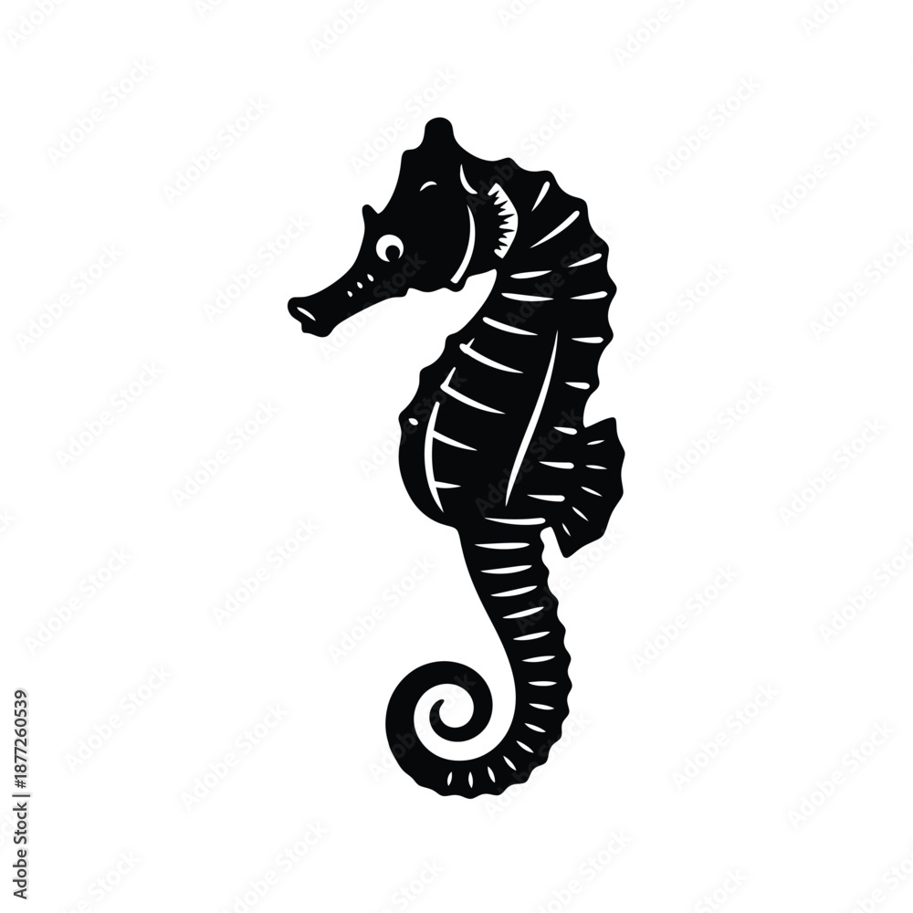 Fototapeta premium Black Silhouette of a Seahorse on White Background