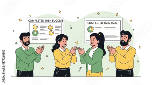 Teamwork Success: Colleagues Applauding Completed Task and Charts