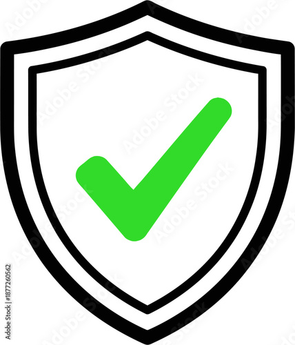 A white shield with a thick black border containing a bright green checkmark, symbolizing security and validation.