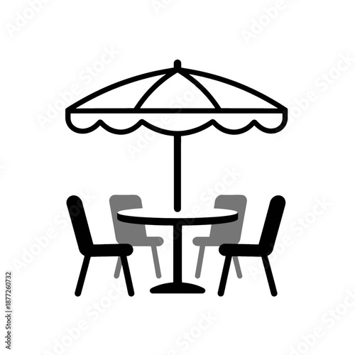 Outdoor table with umbrella and chairs vector icon.