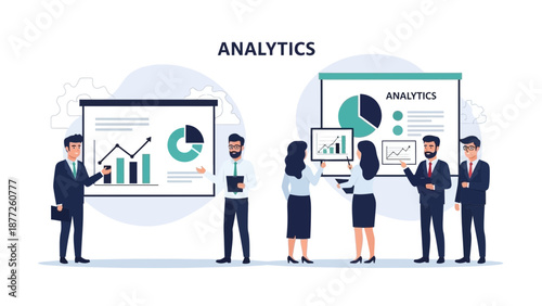 Business Analytics Meeting: People Presenting Data Charts and Graphs