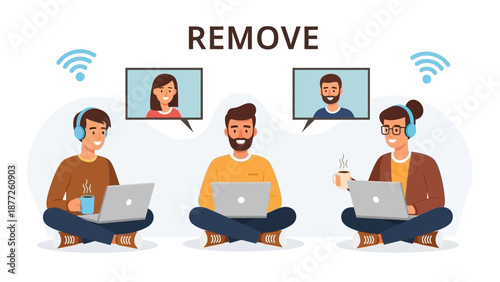 Remote Teamwork: People working on laptops with video calls connection