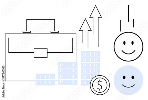 Business growth concept. financial success with briefcase, coin, charts, and upward arrows. Business growth connected to performance, happiness, and positive trends. For startups entrepreneurship