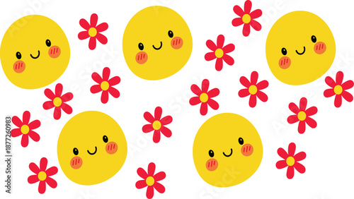 Cute smiling sun seamless pattern vector with red flowers for kids, nursery, summer fabric, and cheerful background design