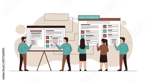 Teamwork planning workflow illustration business people collaborating on task list
