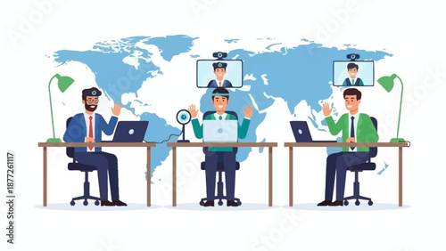 Global Teamwork: People connecting via video conference across the world map