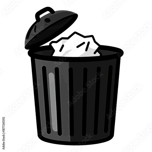Trash can icon with discarded papers inside.