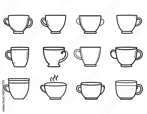 A collection of twelve simple line-art coffee cup illustrations, showcasing varied shapes and designs