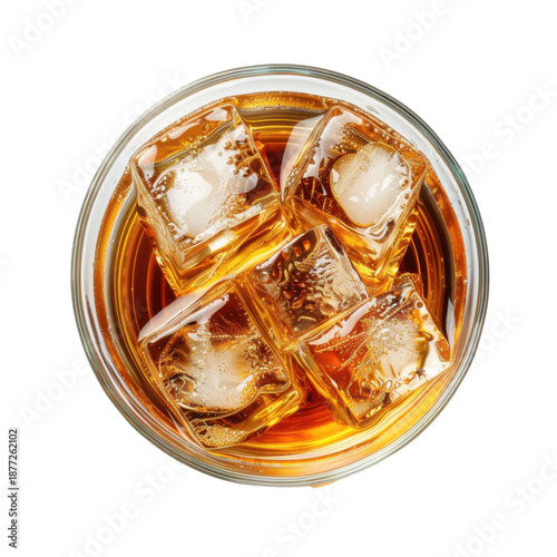 Overhead view of whiskey with ice cubes in a glass isolated on white background
