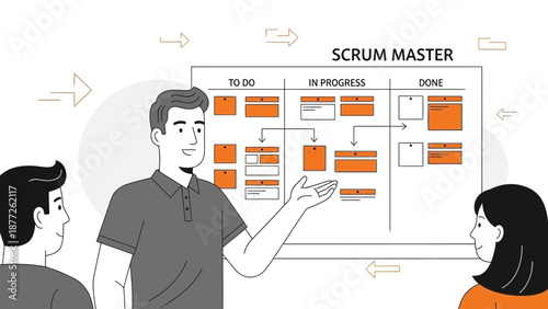 Scrum Master Explaining Kanban Board to Team, Agile Project Management Concept