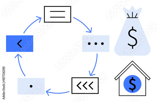 Circular process diagram with arrows connecting blocks beside money bag and house with dollar symbol. Ideal for financial concepts, workflow, investment planning, economic growth, business systems