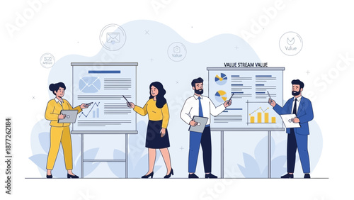 Team Presenting Business Strategy & Value Stream Analysis on Whiteboard
