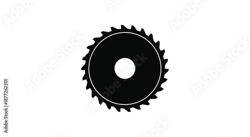 A stark black circular saw blade depiction with a central hole presented as a silhouette
