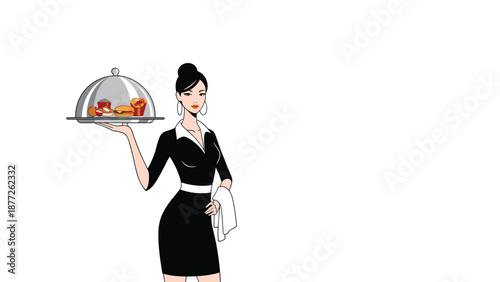 Elegant waitress in black dress serving delicious fast food on a silver platter tray under a cloche for guests.