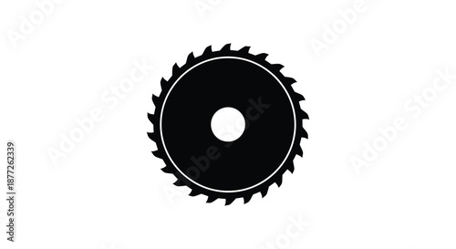 A stark black circular saw blade design with a central hole presented as a silhouette