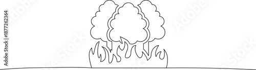 Black and white line art illustration of a tree on fire with flames rising