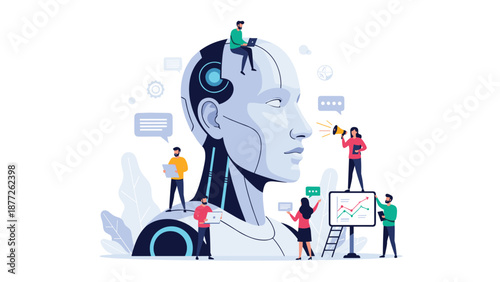 Team of scientists and engineers collaborating on artificial intelligence development around a massive robot head.