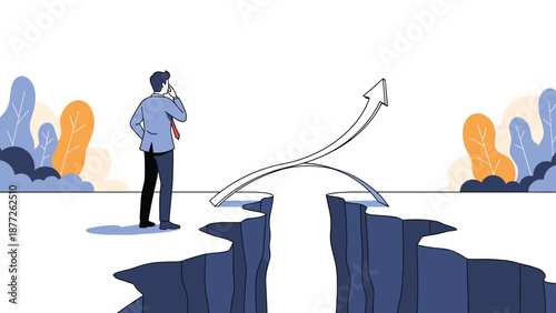 Successful business transition and overcoming obstacles concept with arrow bridging gap between cliffs for man.