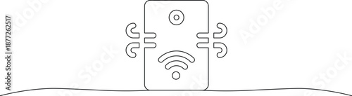 Abstract minimalist line art illustration of a modern smart home device with glowing wi fi signal waves and subtle ventilation vents representing connectivity and smart technology set