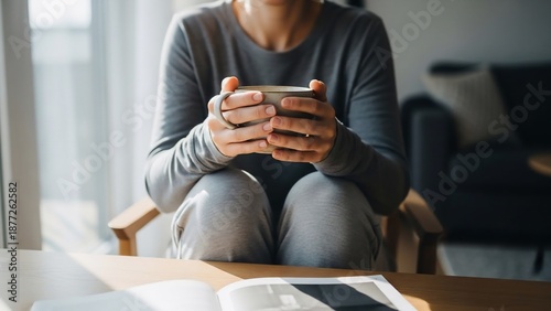 Woman enjoying a warm drink while relaxing at home, finding comfort and peace in her quiet surroundings.
