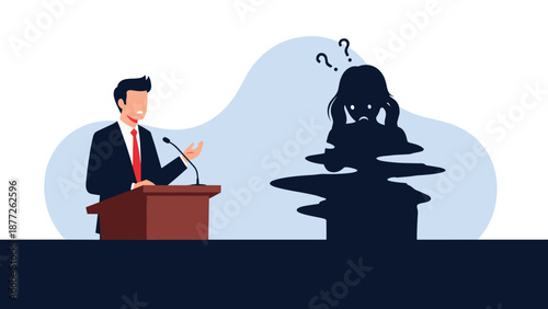 Public speaking anxiety and stage fright concept with businessman at podium while nervous shadow looms behind him.