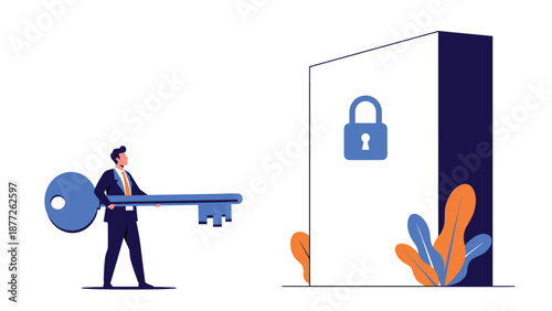 Business opportunity and problem solving concept with professional man carrying massive key towards locked door.