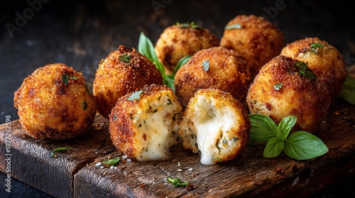 Golden fried cheese balls reveal a melted mozzarella interior served on a rustic dark wooden board.