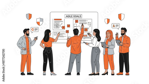 Agile team planning goals on whiteboard, collaboration and strategy