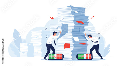 Workplace burnout and low energy levels concept showing businessmen struggling to push massive pile of paperwork.