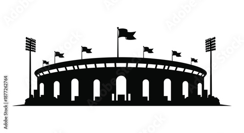Detailed black stadium illustration with flags and floodlights representing a sporting venue silhouette